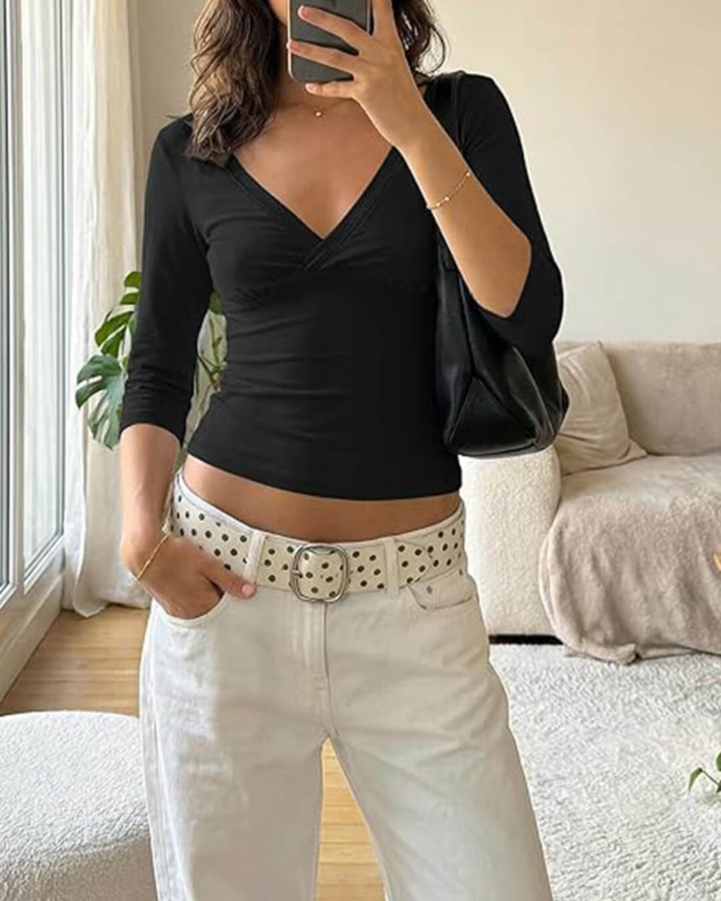 Sofia Deep V Midi Sleeve Tee - Women's Everyday Fashion Top - Image 13