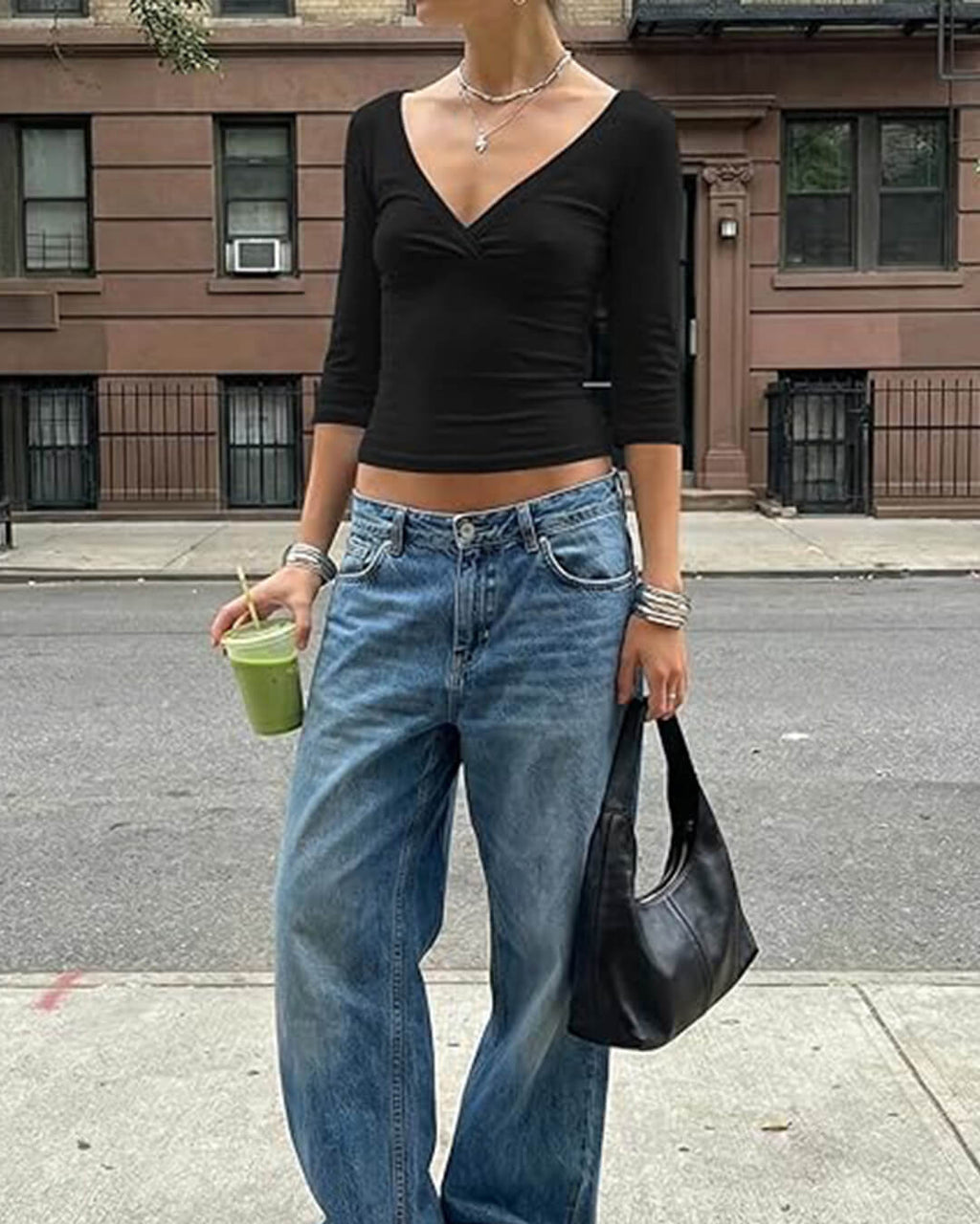 Sofia Deep V Midi Sleeve Tee - Women's Everyday Fashion Top - Image 15