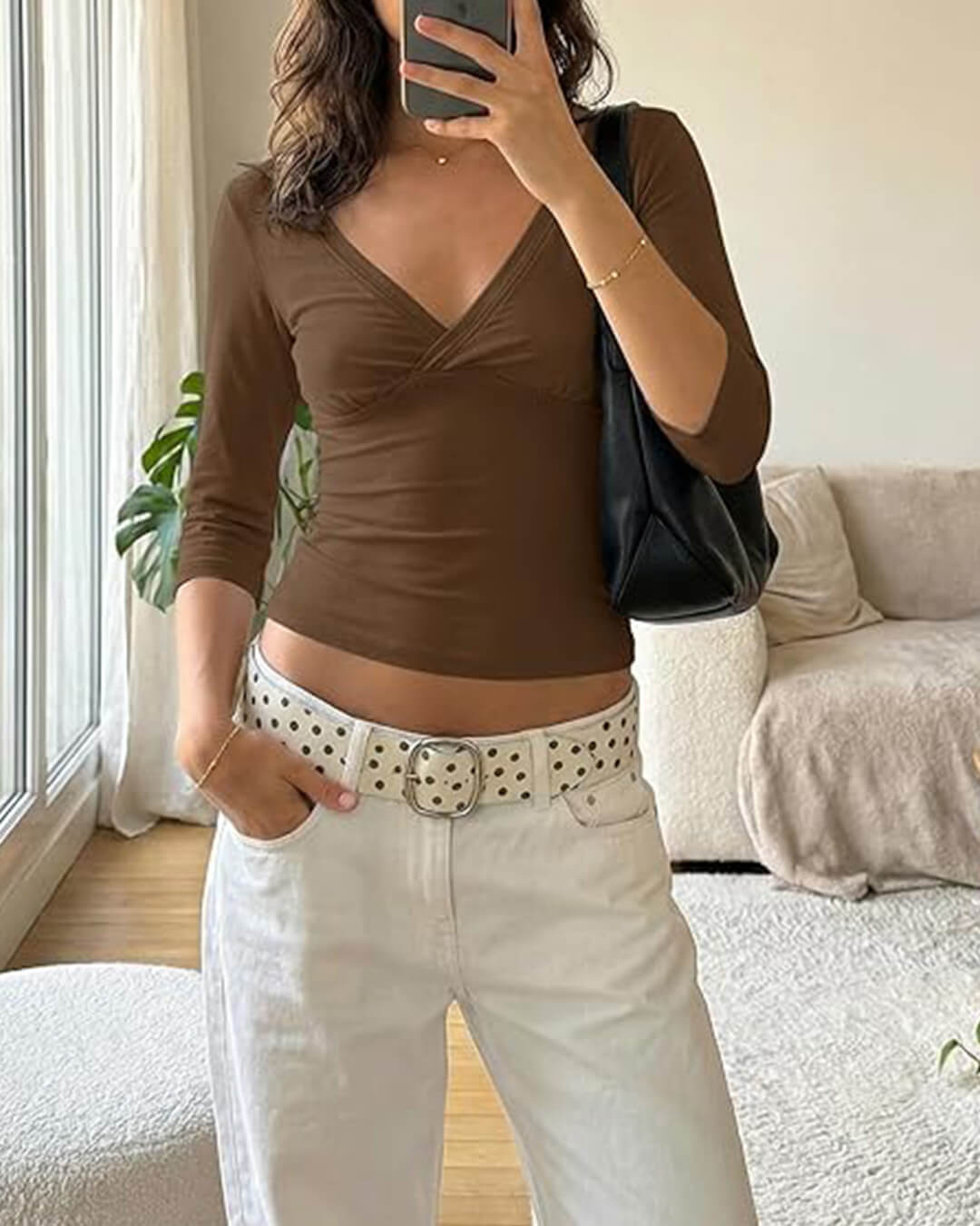 Sofia Deep V Midi Sleeve Tee - Women's Everyday Fashion Top - Image 11