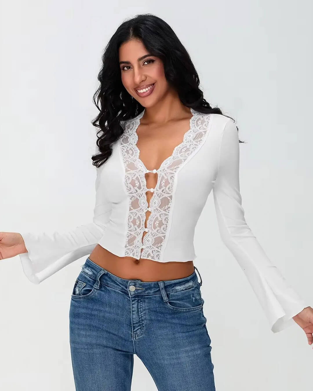 Julia Long Sleeve Lace Trim Blouse - Women's Everyday Fashion Top - Image 4
