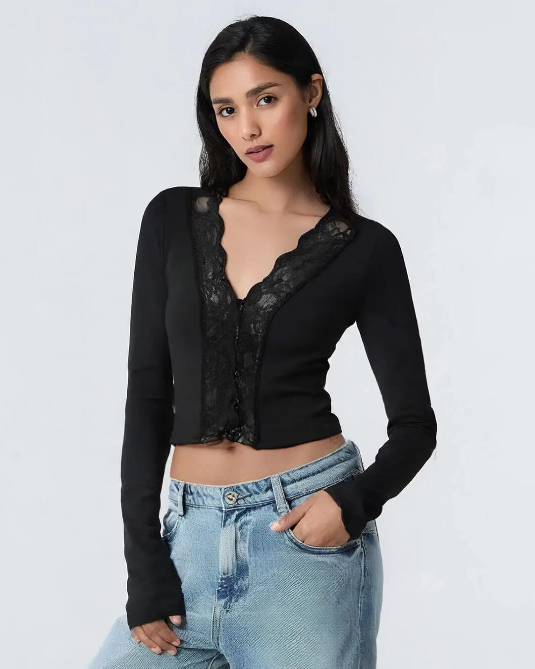 Julia Long Sleeve Lace Trim Blouse - Women's Everyday Fashion Top
