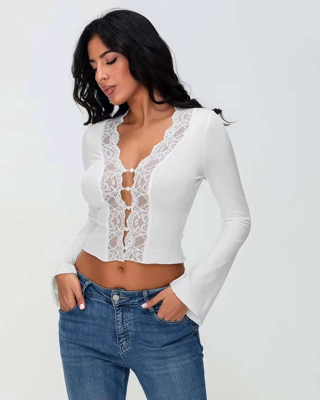 Julia Long Sleeve Lace Trim Blouse - Women's Everyday Fashion Top - Image 5