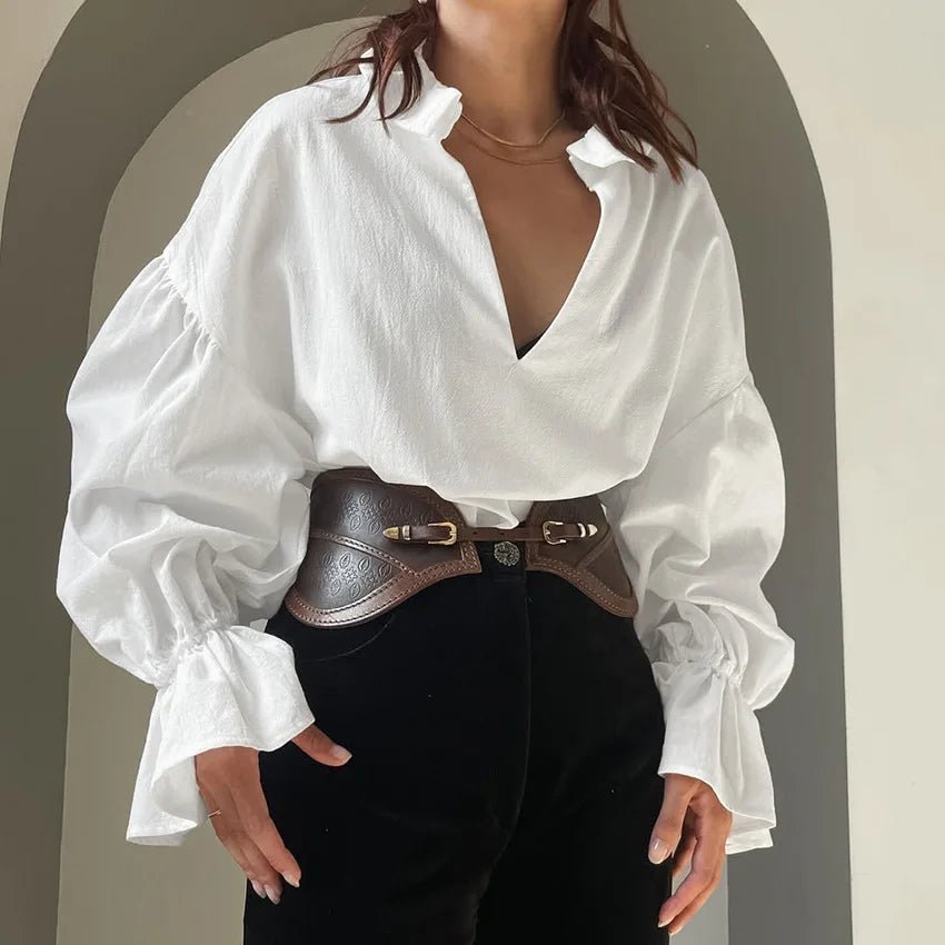 Lola V-Neck Puff Long Sleeve Blouse - Women's Everyday Fashion Top