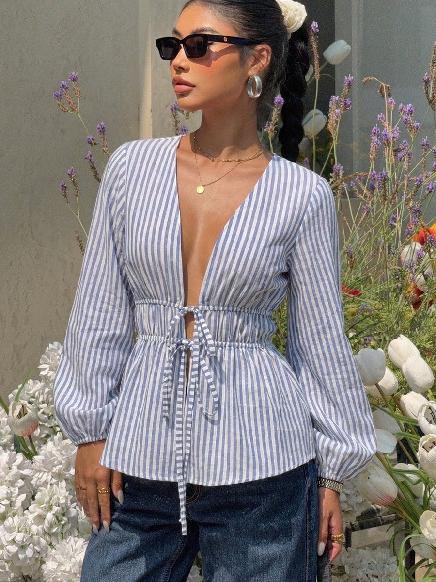 Yelena Striped Tie-Front Blouse - Women's Everyday Fashion Top - Image 3
