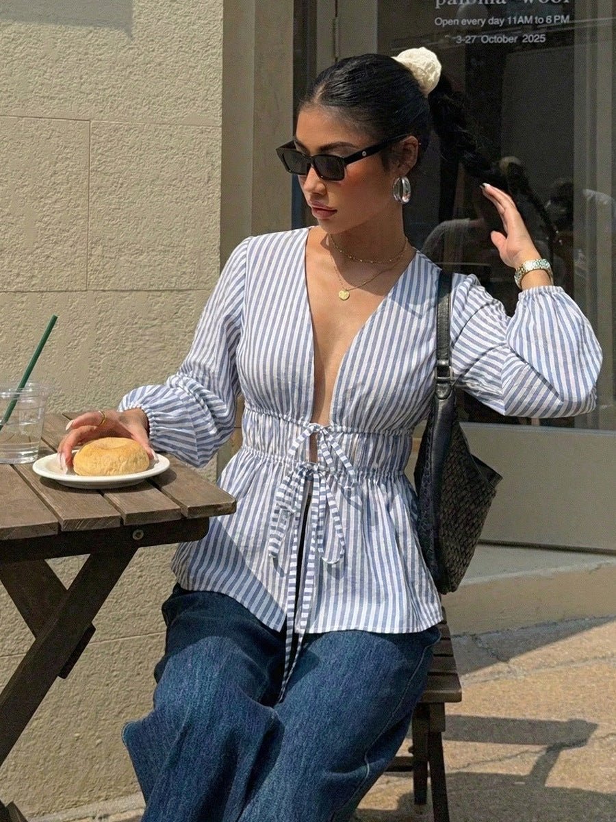 Yelena Striped Tie-Front Blouse - Women's Everyday Fashion Top - Image 4