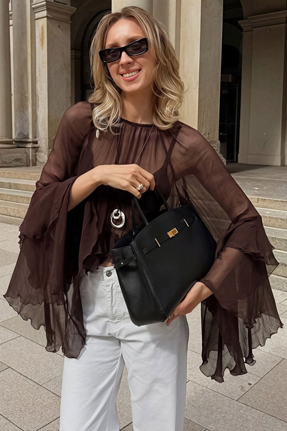 Greta Ruffled Bell Sleeves Chiffon Blouse - Women's Everyday Fashion Top - Image 4