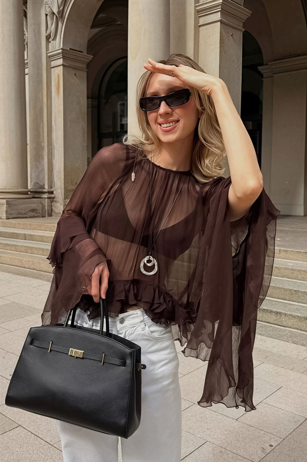 Greta Ruffled Bell Sleeves Chiffon Blouse - Women's Everyday Fashion Top - Image 3