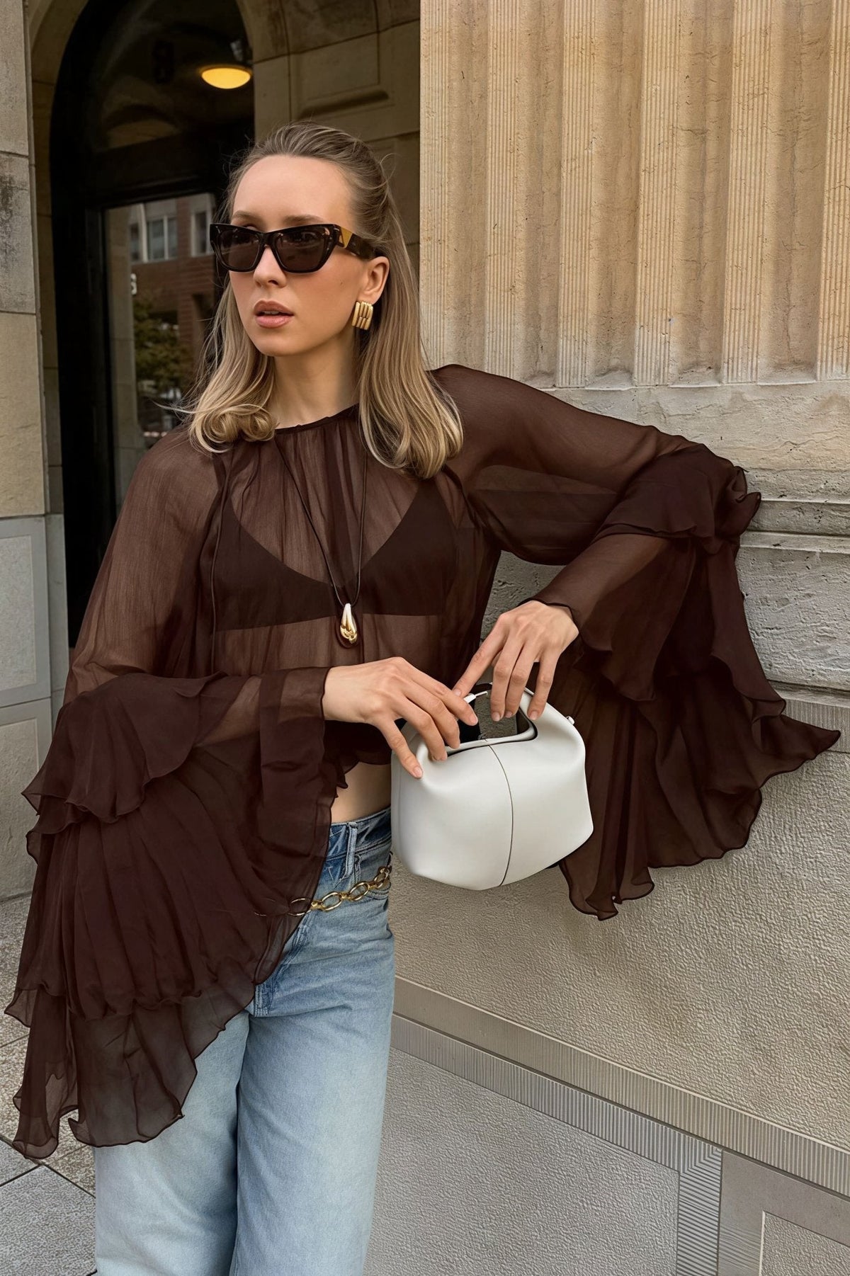 Greta Ruffled Bell Sleeves Chiffon Blouse - Women's Everyday Fashion Top