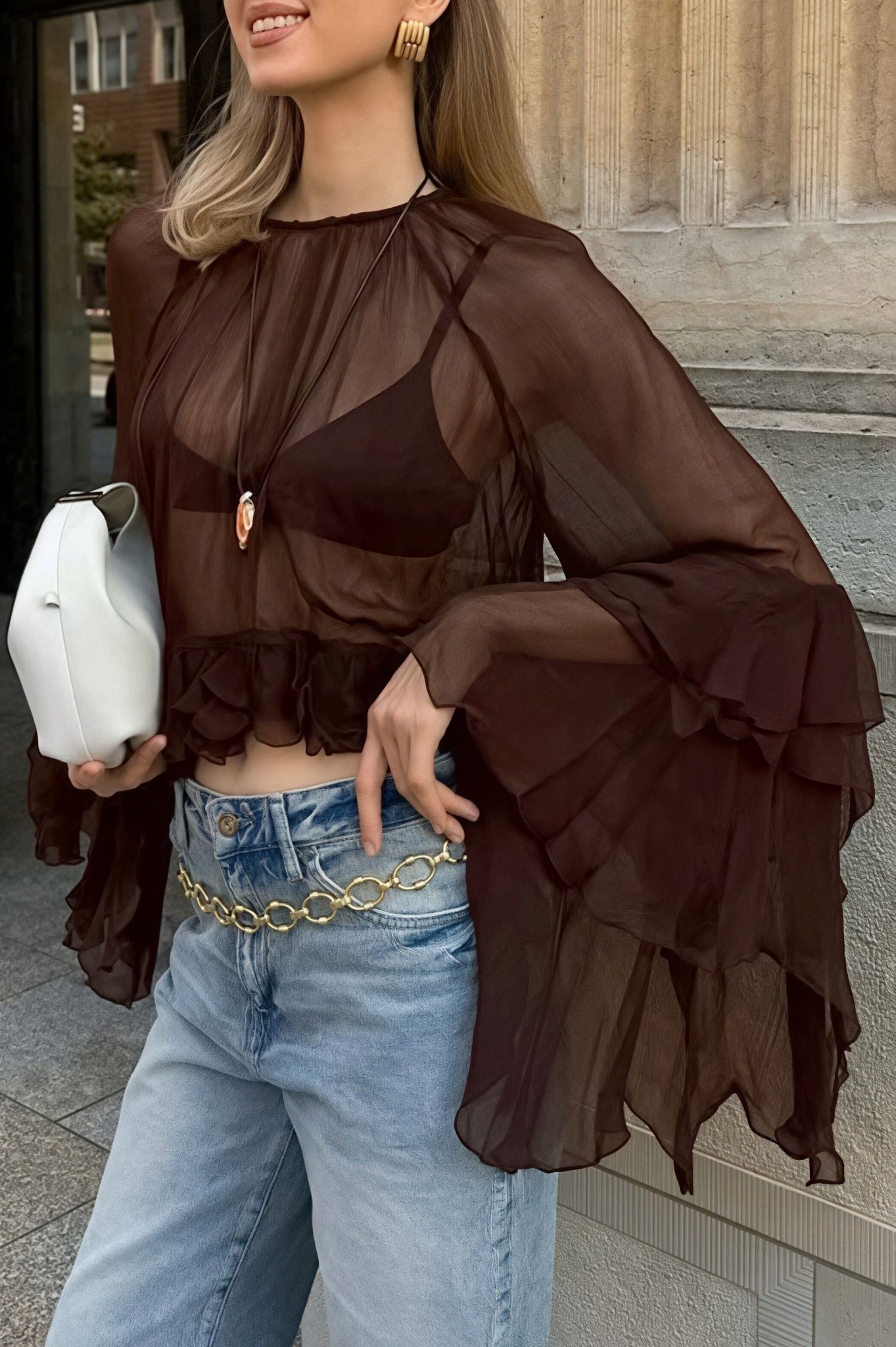 Greta Ruffled Bell Sleeves Chiffon Blouse - Women's Everyday Fashion Top - Image 2