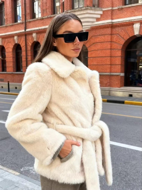 Aellinne Belted Faux Fur Coat - Women's Fall and Winter Outerwear - Image 2