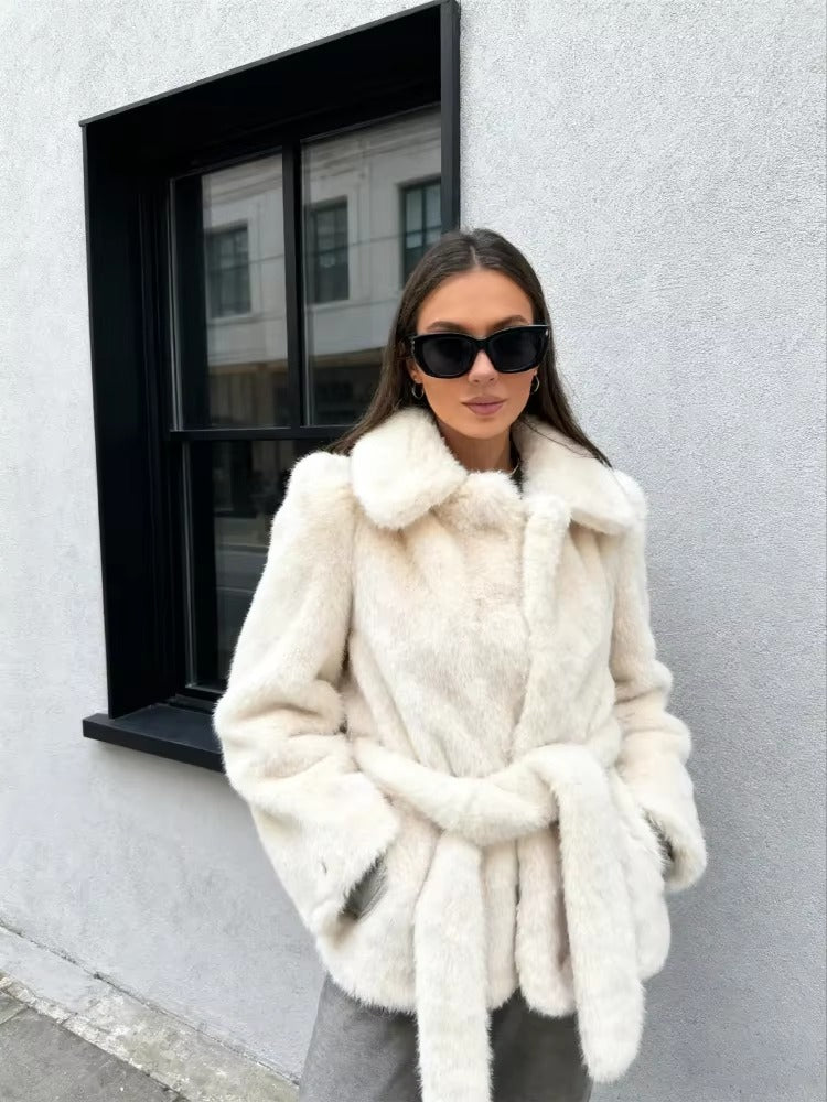 Aellinne Belted Faux Fur Coat - Women's Fall and Winter Outerwear - Image 5