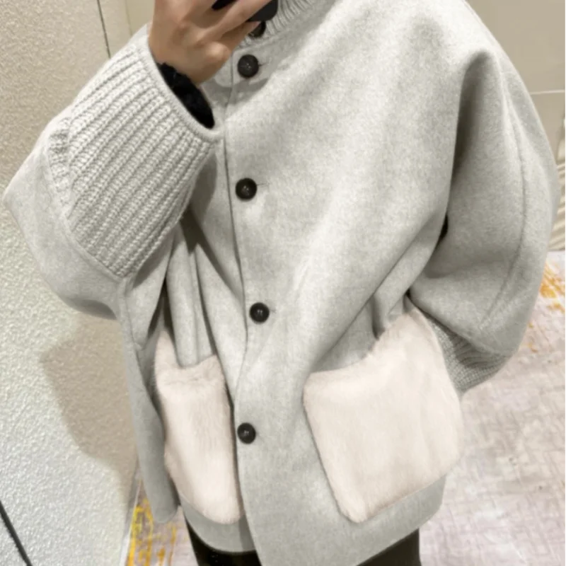 Terry Turtleneck Faux Fur Knit Coat - Women's Fall and Winter Outerwear - Image 3