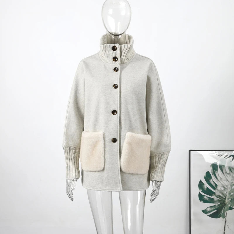 Terry Turtleneck Faux Fur Knit Coat - Women's Fall and Winter Outerwear - Image 4